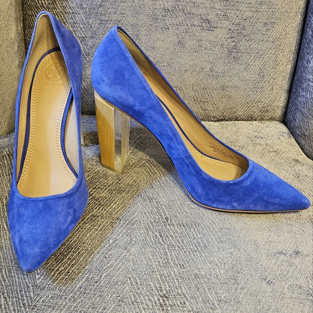 Tory Burch Silvana blue suede wood/acrylic heals